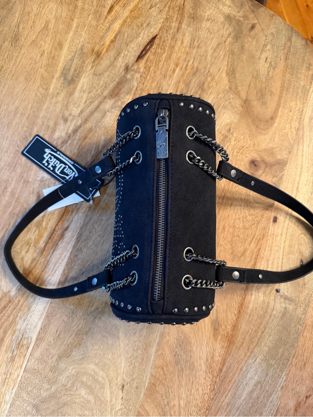 Von Dutch Black Studded Barrel Bag with Chain Straps - Picture 9 of 9